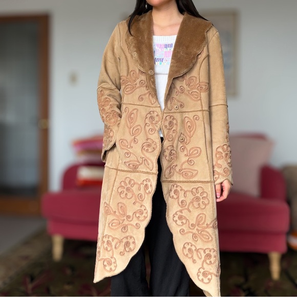 twostardog Jackets & Blazers - Brown Embroidered Boho Soft Faux Suede Penny Lane Trench Coat